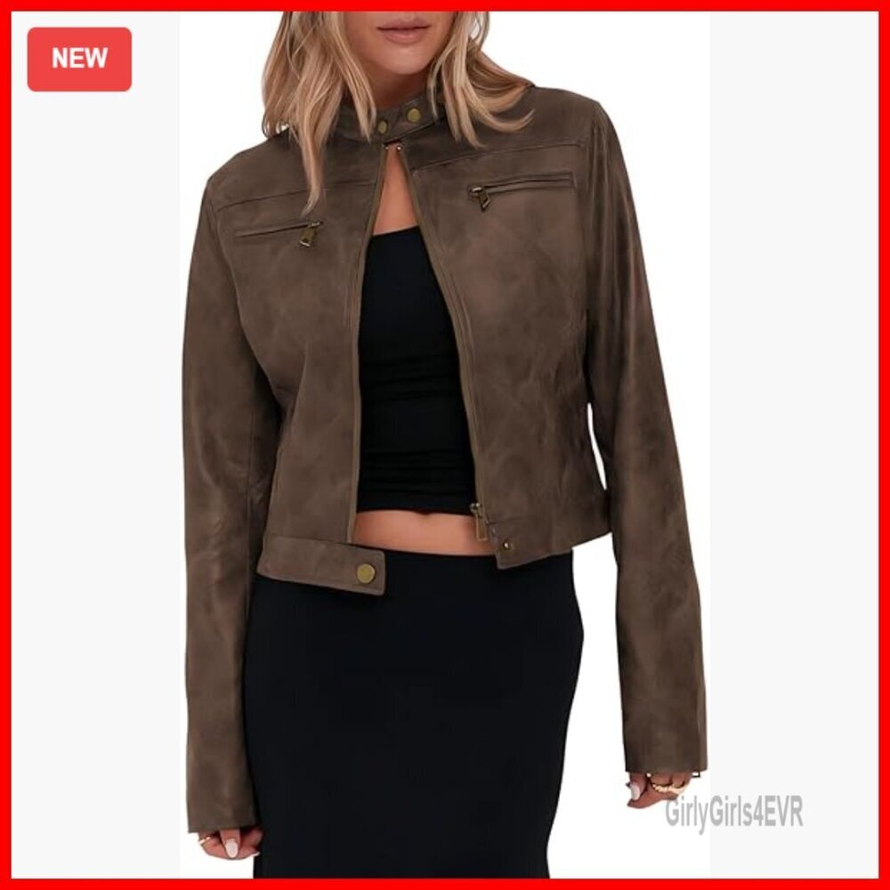 Faux Leather Cropped Motorcycle Jacket Zip Up Stand Collar Vintage Style